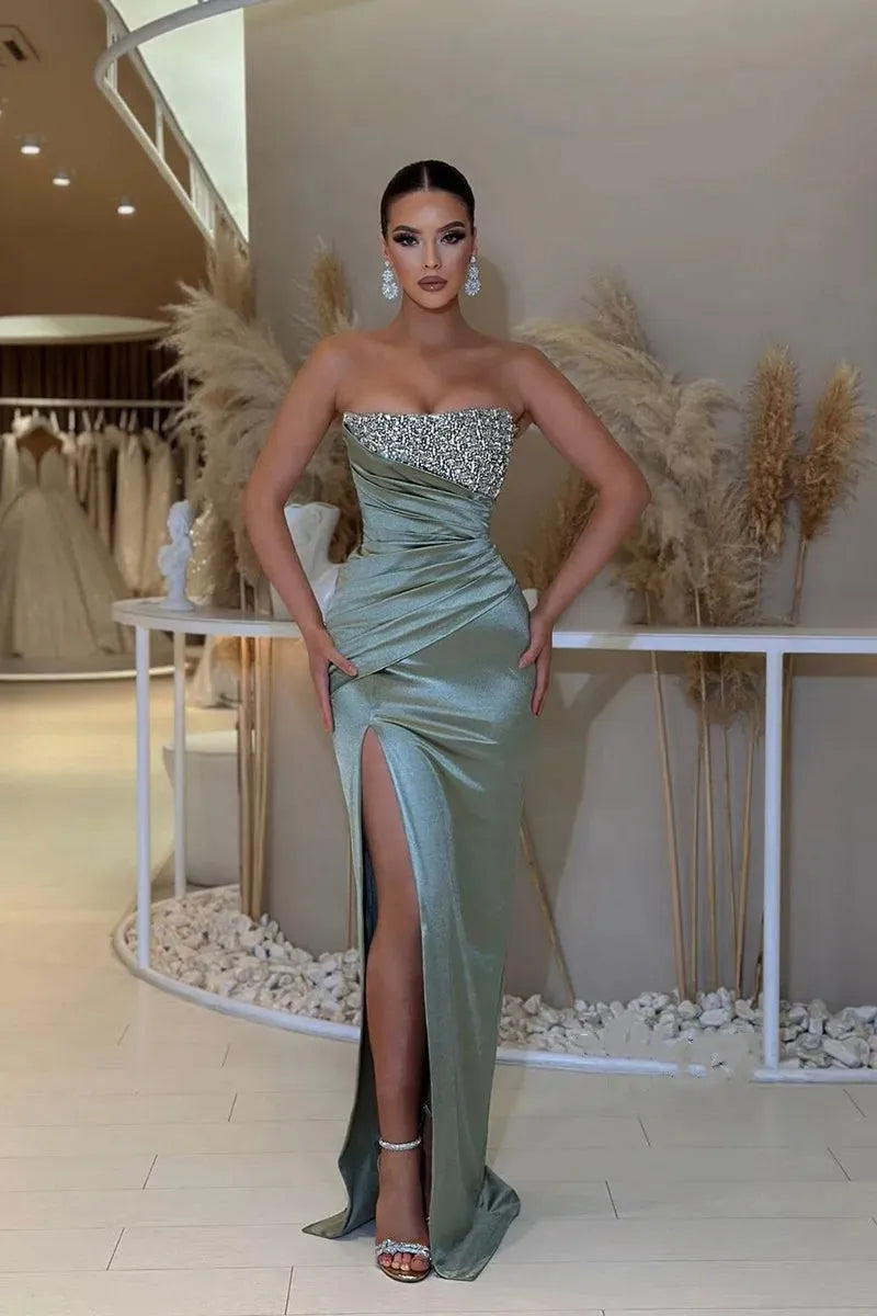 Beaded Prom Dresses Strapless High Slit Removable Skirt Mermaid Green Formal Party Women Pleats Elastic Satin Long Evening Gowns Green