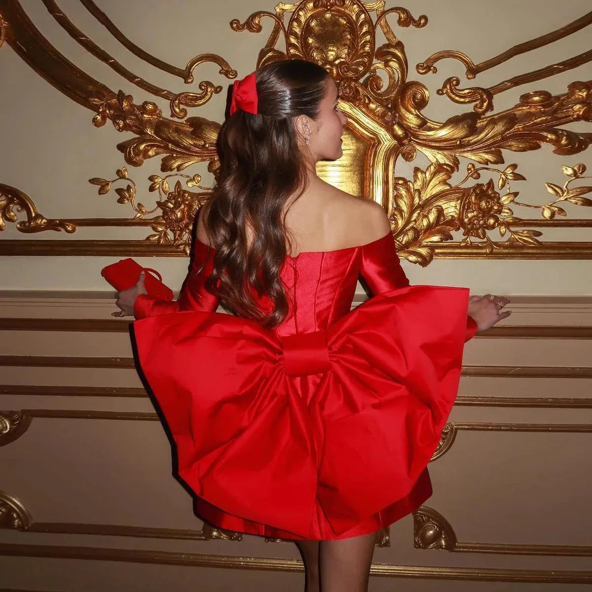 Stylish Red Mini Prom Dresses with Big Bow Off The Shoulder Long Sleeves Satin Short Birthday Party Dresses فساتين سهرة Custom Stylish Red Mini Prom Dresses with Big Bow Off the Shoulder Long Sleev –  Mia's