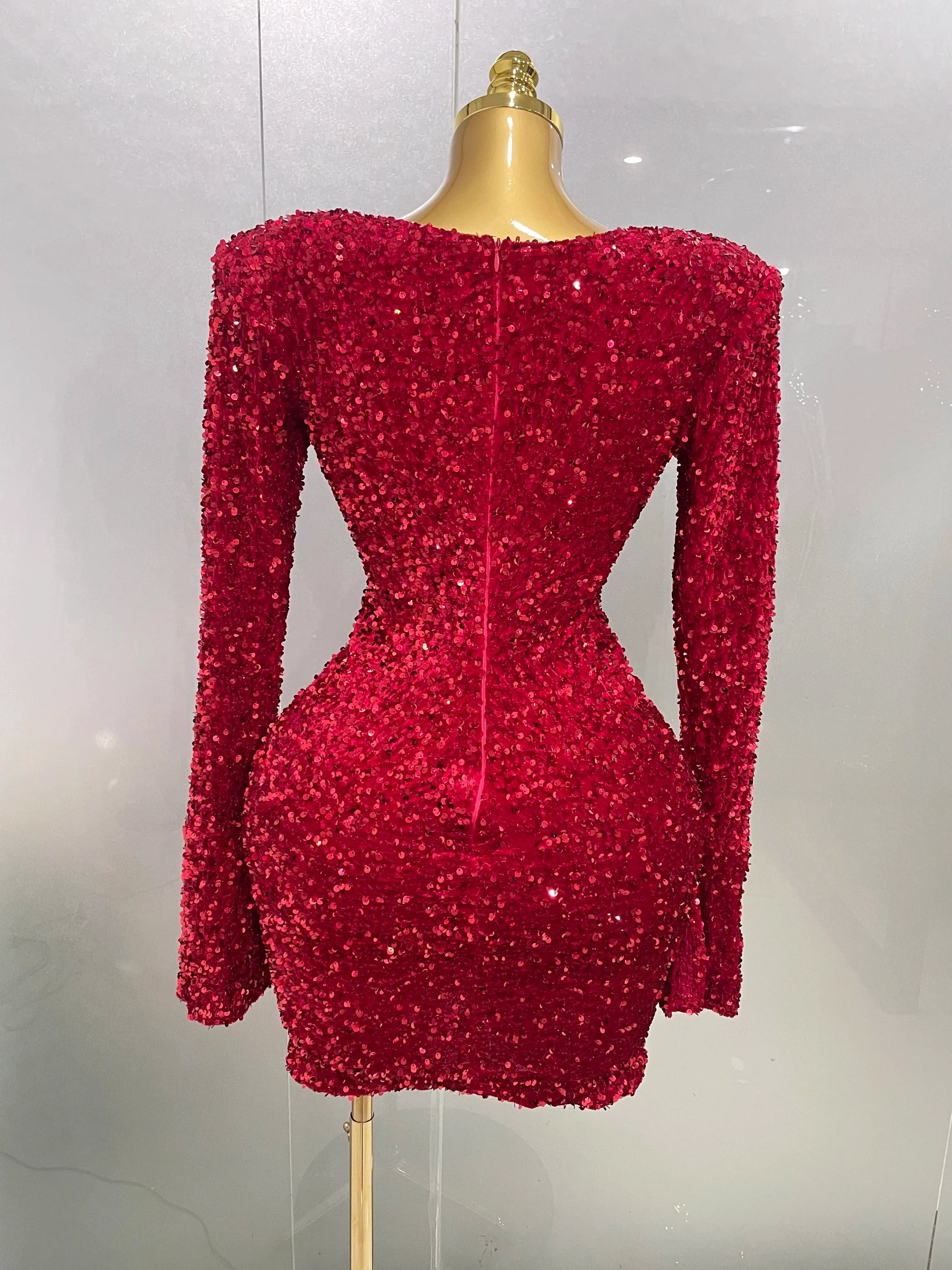 Sexy Shiny Red Sequins Rhinestones Sheath Mini Dress Women Evening Birthday Party Nightclub Stage Performance Costume