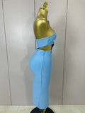 Luxury Sexy One Shoulder Pearl Sky Blue Bodycon Bandage Dress Women Celebrity Elegant Evening Club Birthday Party Outfit