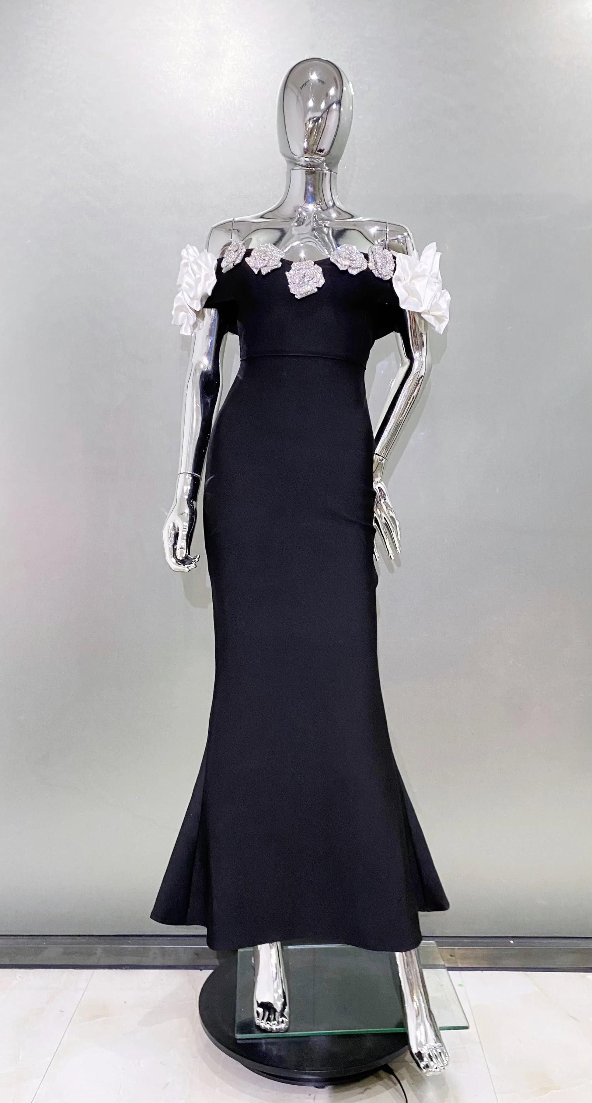 Stereoscopic Diamond Flowers Sexy Off The Shoulder Ankle Lenght Bandage Dress Woman Birthday Party Vestido Wedding Party Outfit