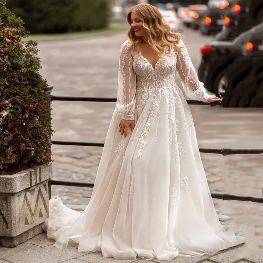 Gorgeous A-line Plus Size Wedding Dresses Tulle Long Sleeve Bridal Gown Sweep Train Oversize Bride Dress Robe de Mariee Ivory 14w Plus Size