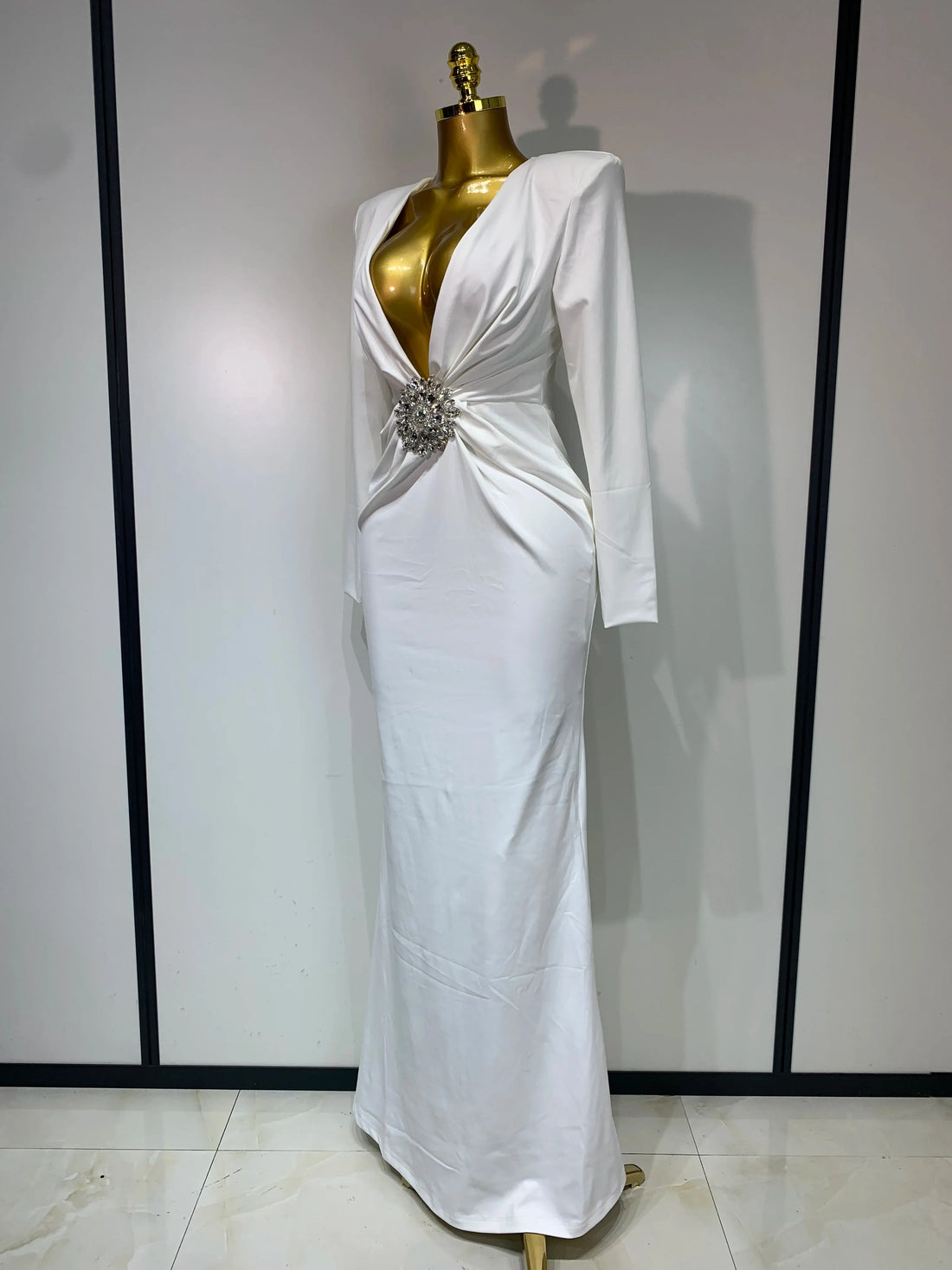 Women Long Sleeve Deep V-Neck Bodycon Long Dress Elegant Evening Party Club Celebrate Cocktail Outfit Luxuru Birthday Dress WHITE