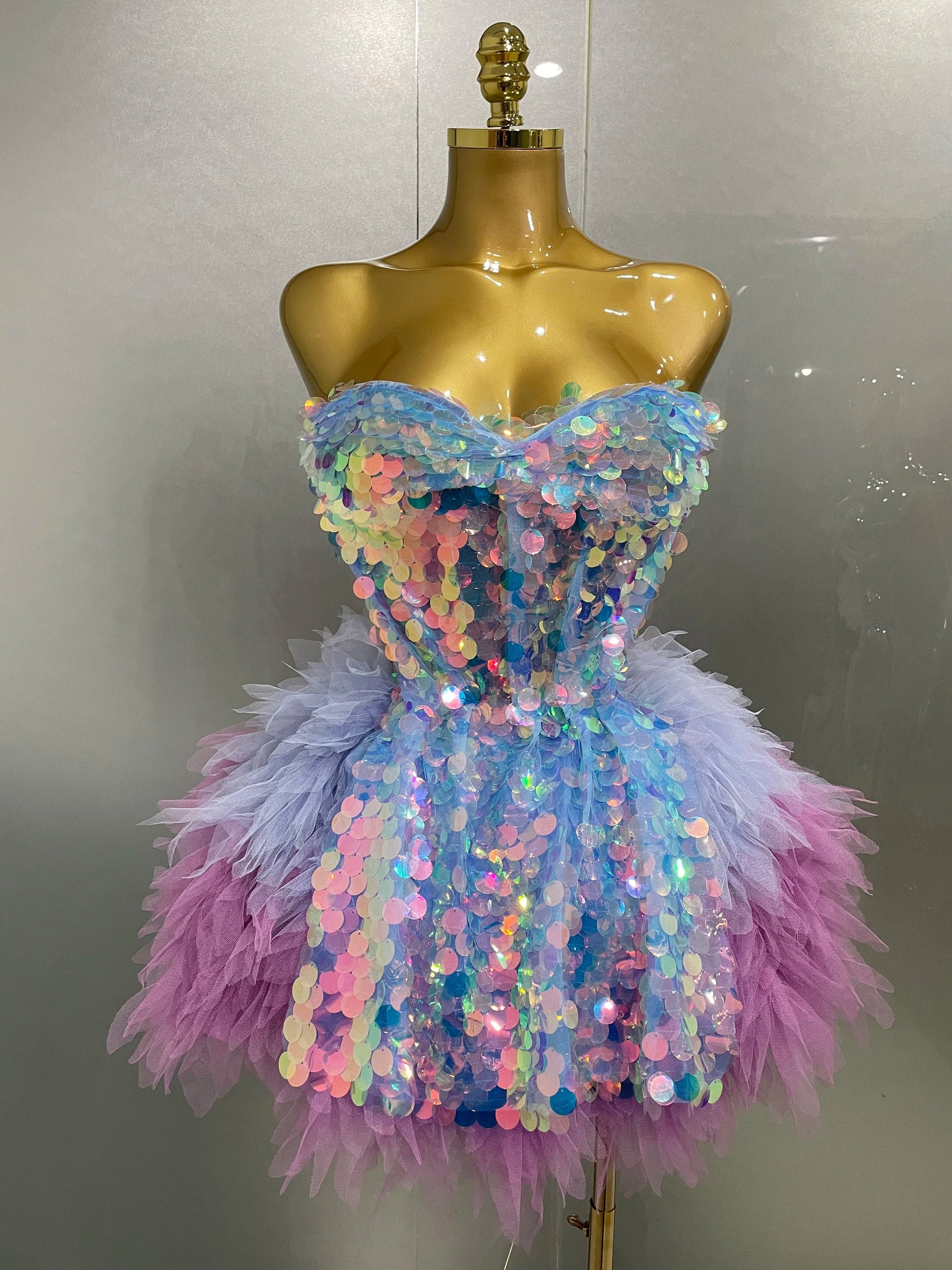 Stage Costume Women's Sparkly Sequin Mesh A Line Top Skirt 2 Pieces Set Nightclub Party Birthday Dress Photo Shoot Wear Pink