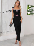 Women Sexy Square Collar Sparkly Crystal Bodycon Bandage Long Dress Birthday Party Celebrate Cocktail Outfit