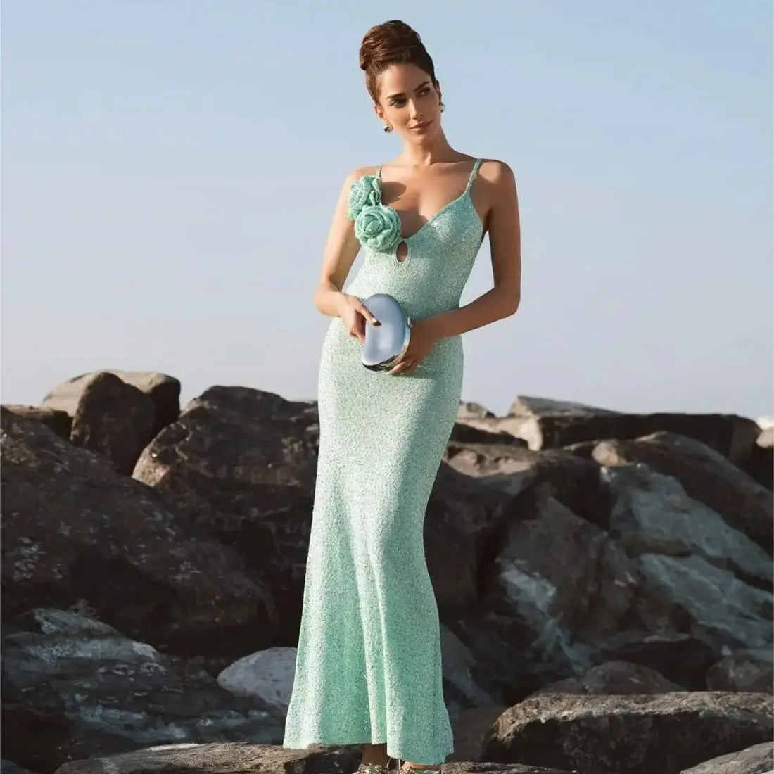 Summer Mint Green Sequins Spaghetti Strap Ankle Length Dress Graceful Woman Evening Party Dress Holiday Vocation Outfit