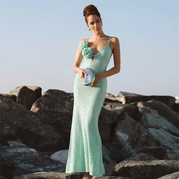 Summer Mint Green Sequins Spaghetti Strap Ankle Length Dress Graceful Woman Evening Party Dress Holiday Vocation Outfit