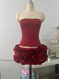 Sexy Women'S Floral Mini Skirt Set Strapless Sleeveless Fishbone Backless Drawstring Vest+Mini Skirt Two-Piece Set Claret