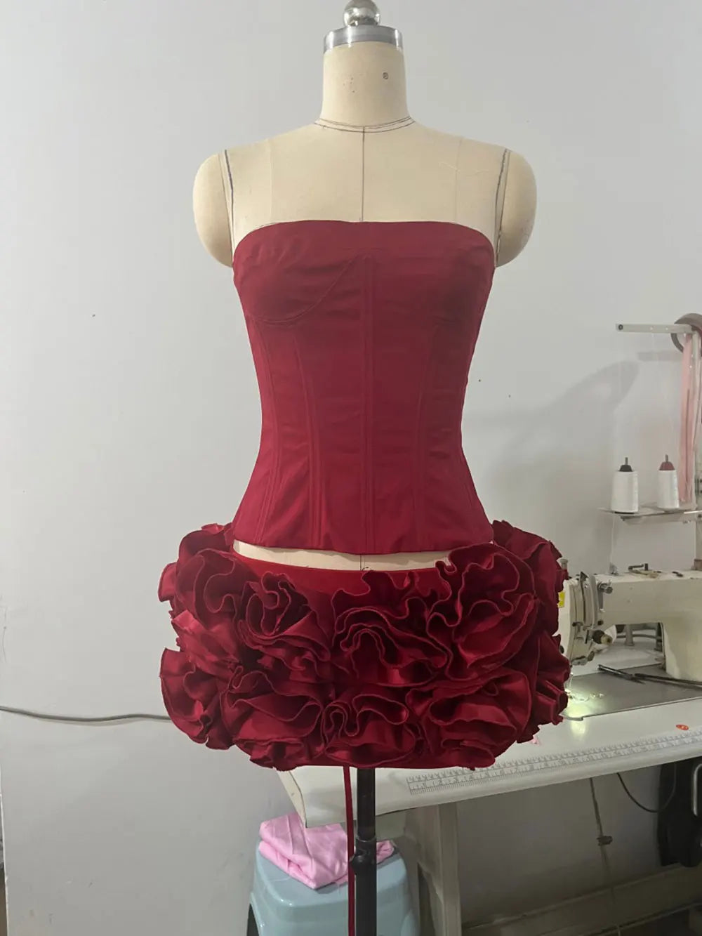 Sexy Women'S Floral Mini Skirt Set Strapless Sleeveless Fishbone Backless Drawstring Vest+Mini Skirt Two-Piece Set Claret