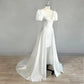 Short Puff Sleeves Satin Elegant Short Wedding Dress Detachable Train V Neck Mini Length Bridal Gown