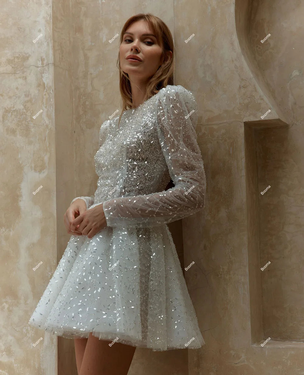 Gaun Pengantin Pendek Glitter Leher Tinggi Lengan Panjang Gaun Pesta Pengantin Untuk Wanita Payet A-Line Bridals Prom Gowns