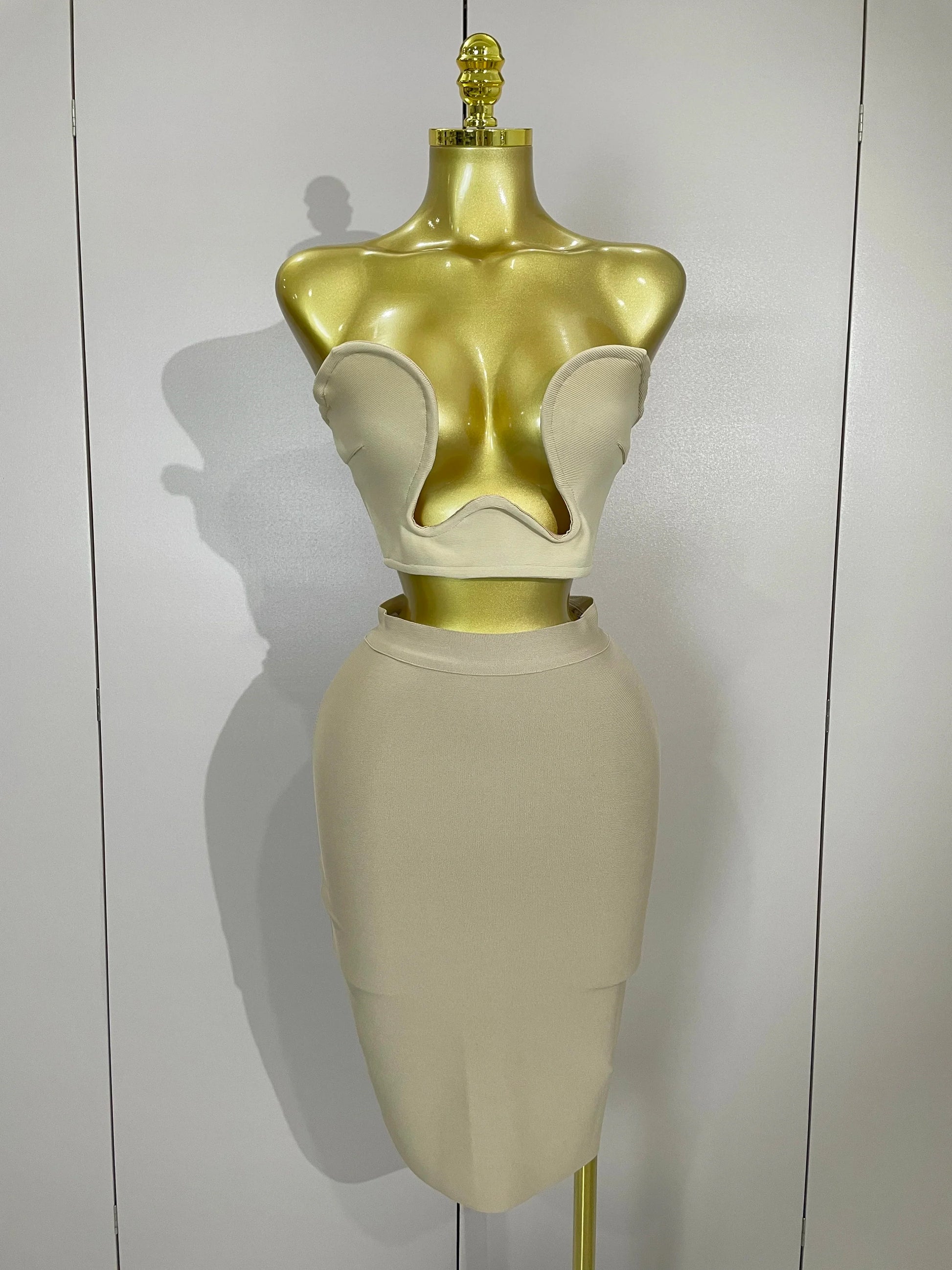 Women Sexy Strapless Backless Black Bandage Two Piece Suit Celebrity Designer Fashion Birthday Gown Evening Prom Costume Khaki