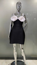 Summer Stereoscopic White Flower Spaghetti Strap Balck Mini Bandage Dress Elegant Woman Evening Party Vestido black