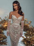 Women'S Evening Dress Luxury Pearl Chain Eelgant Mermaid Maxi Long Gown With Gloves Celebrity Party Vestidos