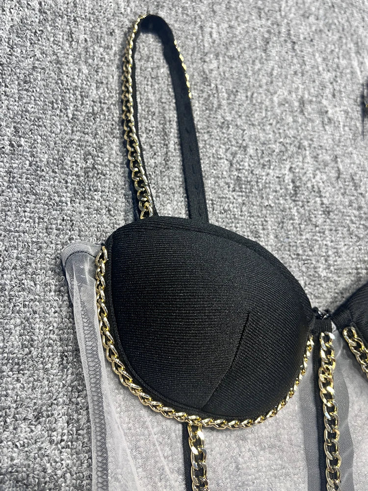Black Bandage Short Dress Women Fashion Summer Sexy Spaghetti Strap Mesh Patchwork Perspective Mini Dress