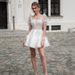 Elegante kurze Hochzeitskleid Frauen Weiß offener Rücken Spitzenquadratkragen Kurzer Puffärmel Brautkleid Tüll Tüll Vestidos de Noiva