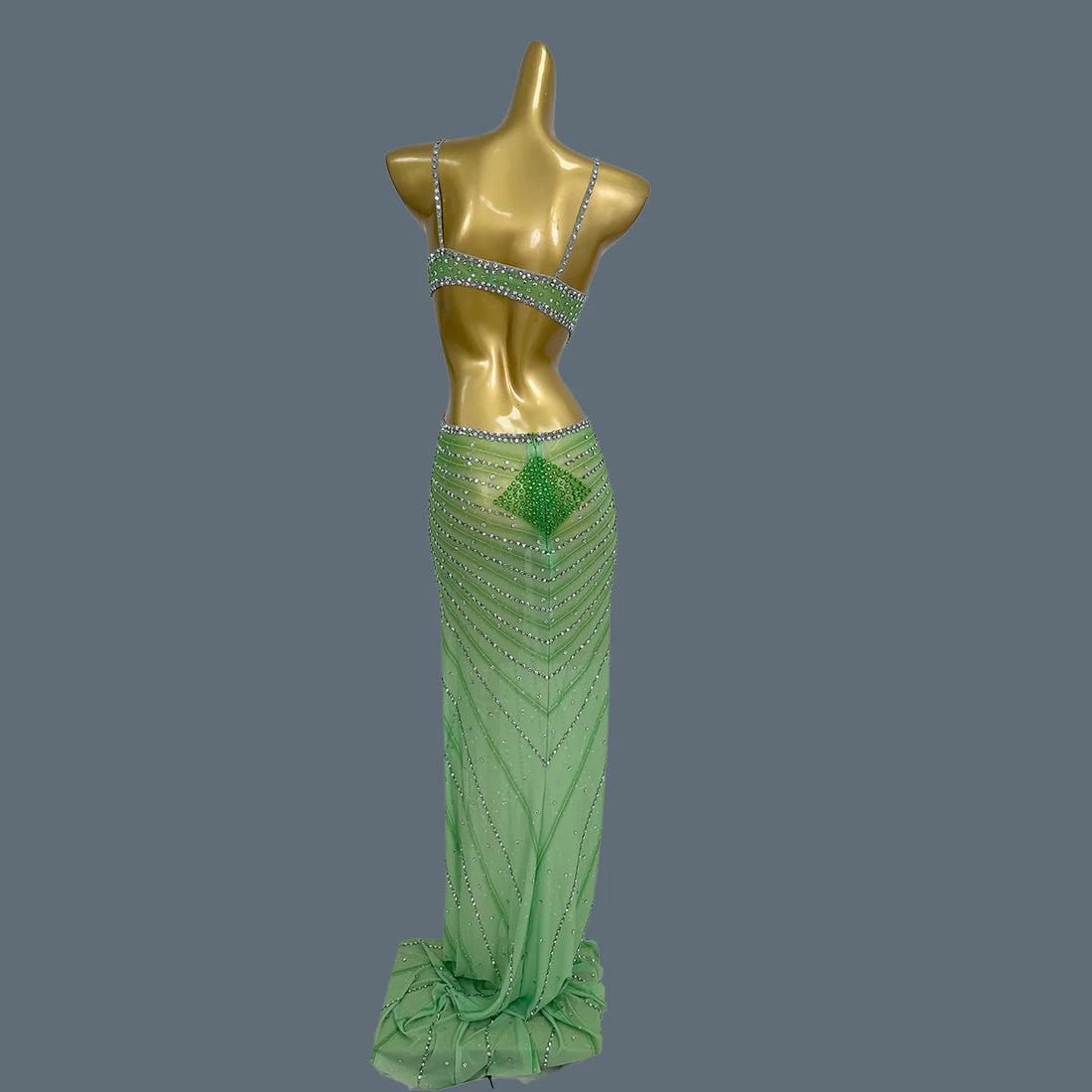 Elegant Crystal Party Evening Gown Cocktail Long Dress Dinner Gown Women Costume Sexy Sparkly Rhinestone Club Party Dress Xigua green One Size