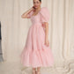 Pink Prom Dresses Organza Tea Length Puffy Short Sleeves Sqaure Neck A Line Simple Evening Engagement Party Gowns Occasion