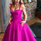 Fuchsia Prom Dresses Satin Knee Length with Pockets Spaghetti Strap A Line Evening Formal Party Gowns Graduation Homecoming