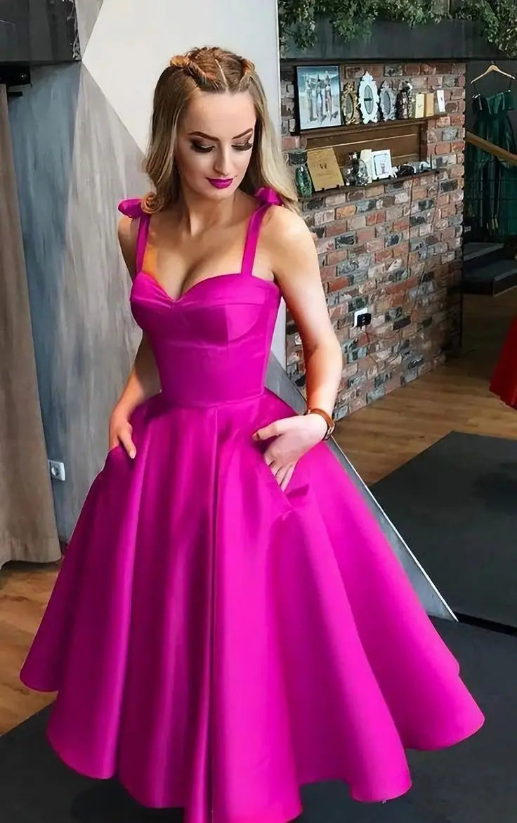 Vestidos de fiesta fucsia de satén hasta la rodilla con bolsillos, tirantes finos, línea A, vestidos formales de noche para fiesta, graduación y regreso a casa