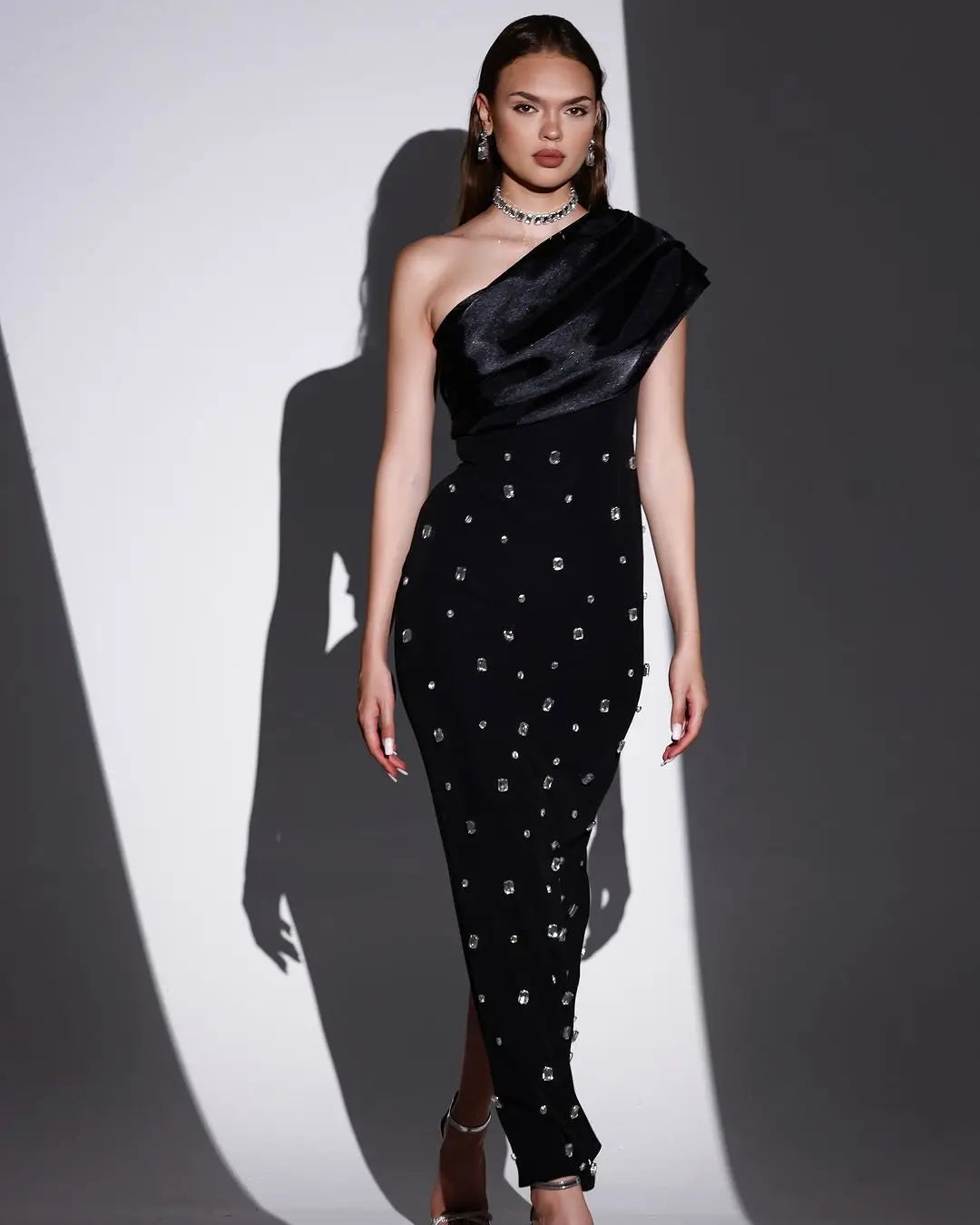 2 Colors Shining Diamonds Oblique Shoulder Ankle Length Bandage Dress Graceful Woman Party Dress Celebrity Party Vestido