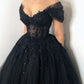 Black Evening Dress Beaded Lace Applique Off Shoulder V Neck Tulle Ball Gown Long Sweep Train Prom Gowns Elegant Woman