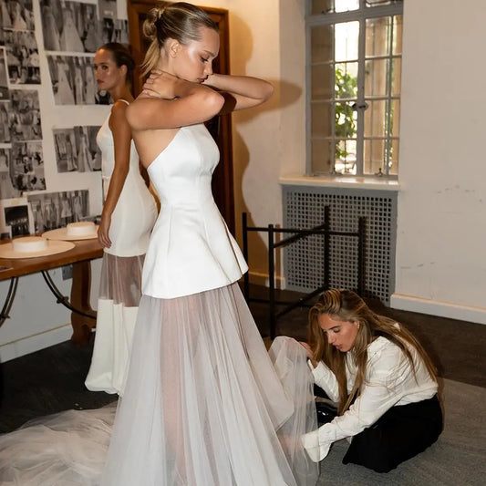 Vestido de novia blanco clásico, vestido de novia de tul satinado, vestidos de fiesta nupciales para jardín en la playa, vestidos de fiesta elegantes hechos a medida 2024