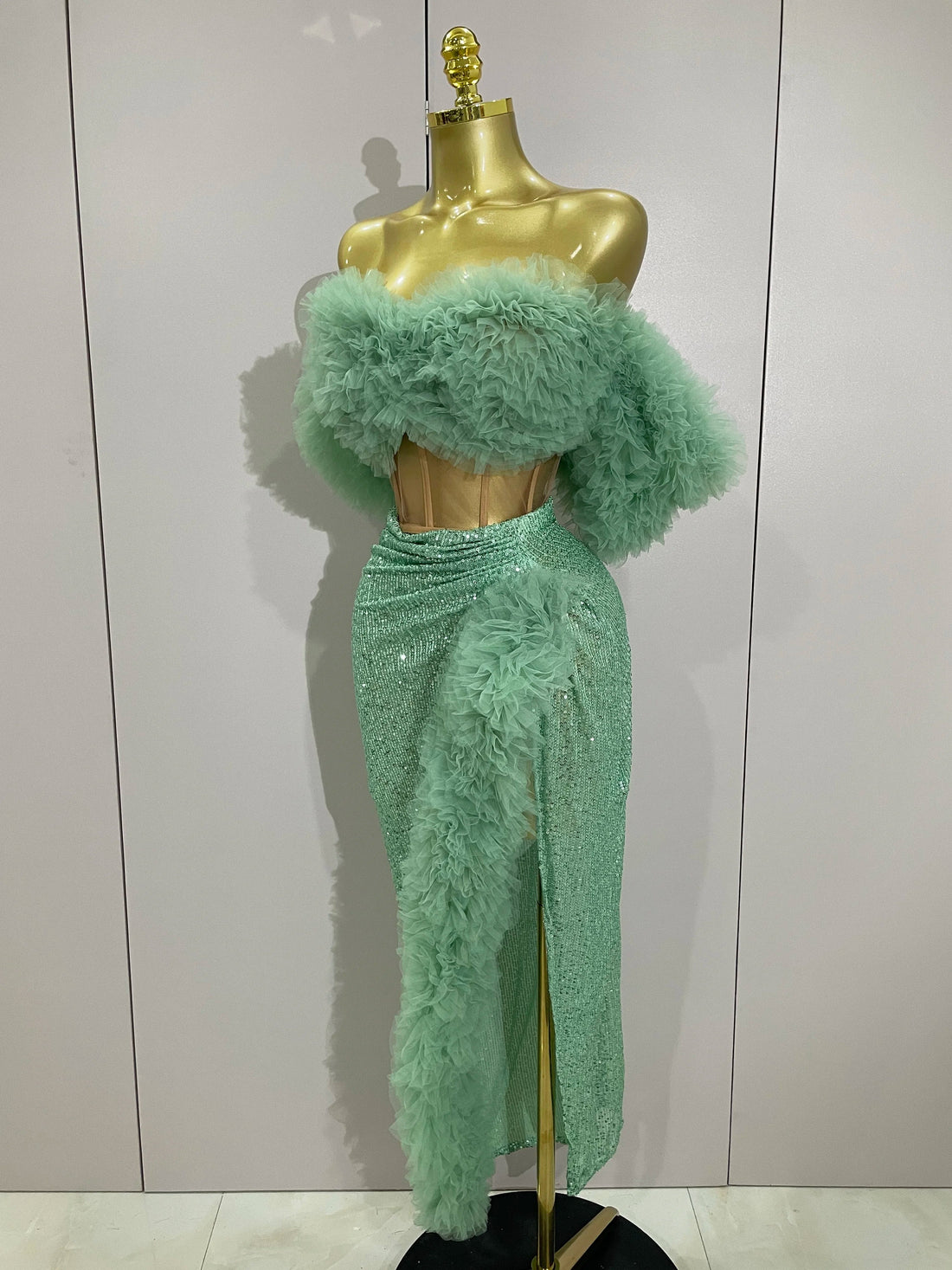 Shiny Sequins Top Short Skirt Two Pieces Set Women Sexy Celebrate Evening Prom Birthday Party Dress Nightclub Stage Outfit Mint