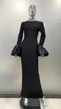 Shining Diamonds Neck Flare Sleeve Black Long Bandage Dress Elegant Woman Evening Party Dress Cocktail Party Outfit black
