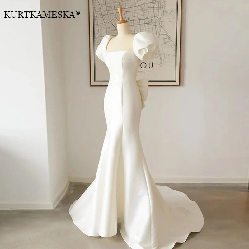 Mewah Satin Perkahwinan Duyung Mermaid Resses untuk Wanita Pengantin Elegant Vintage Back Big Bow Long Party Dress Maxi