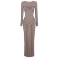 Solid Ruched Long Flare Sleeves Maxi Dress Elegant White Tie Waist High Neck Pleated Draped Backless Party Evening Dress Brown