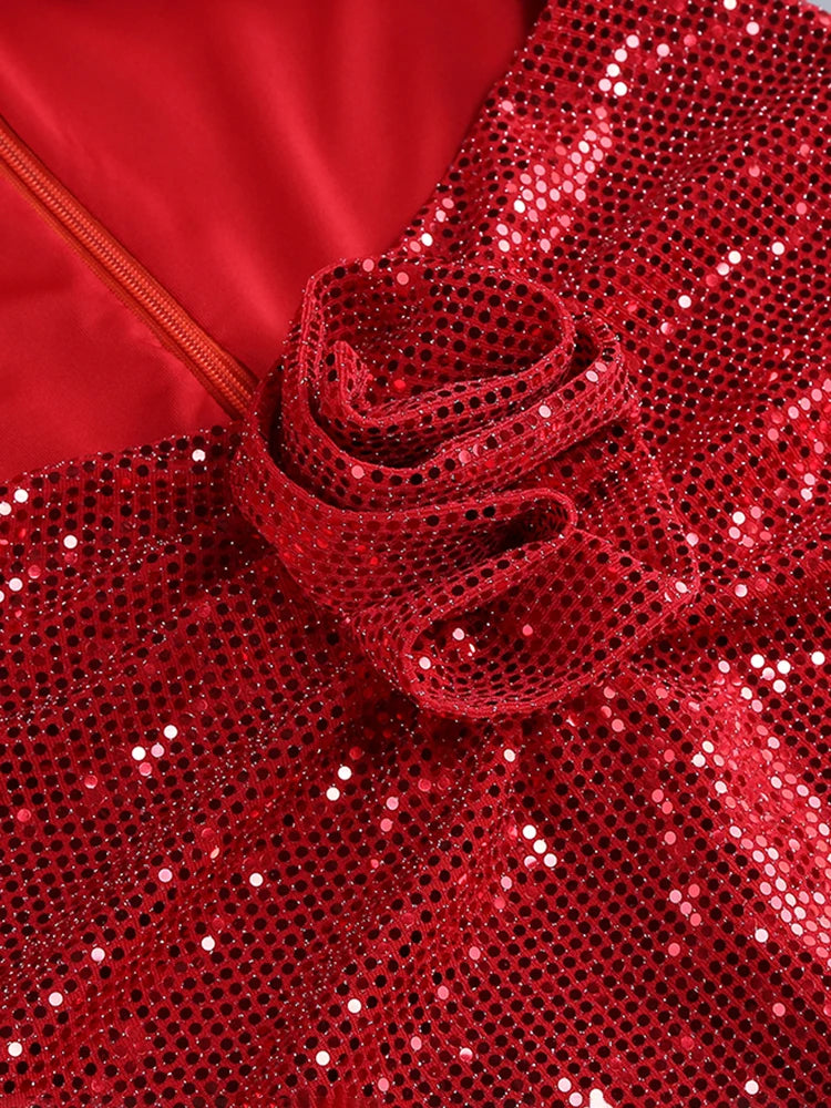 Summer New Women's Sexy V-neck Long sleeves Flower Decoration Sequins Mermaid Bodycon Celebrity Party Evening Dress