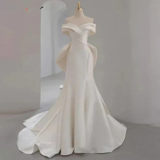 Robe De mariée sirène en Satin Chic, épaules dénudées, 2 en 1, avec traîne à nœud, robe princesse B382, personnalisée 