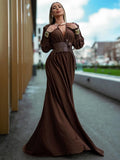 Spring Fashion Dresses For Women Plunging V Neck High Waist Belt Long Sleeves Wedding Party Dress Brown Gowns