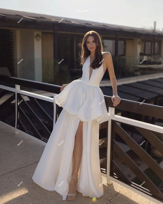 Gaun Pengantin Noda Berjenjang A-Line Lengan Backless Backless Sexy Bridals Gaun Pesta Gaun Banting Sisi Tinggi Gaun untuk Wanita