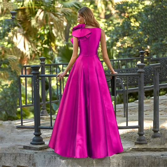 Fuchsia Evening Dresses Long Satin Ruffles A Line Floor Length Sleeveless V Neck Formal Party Prom Gowns Graduation Women Dress