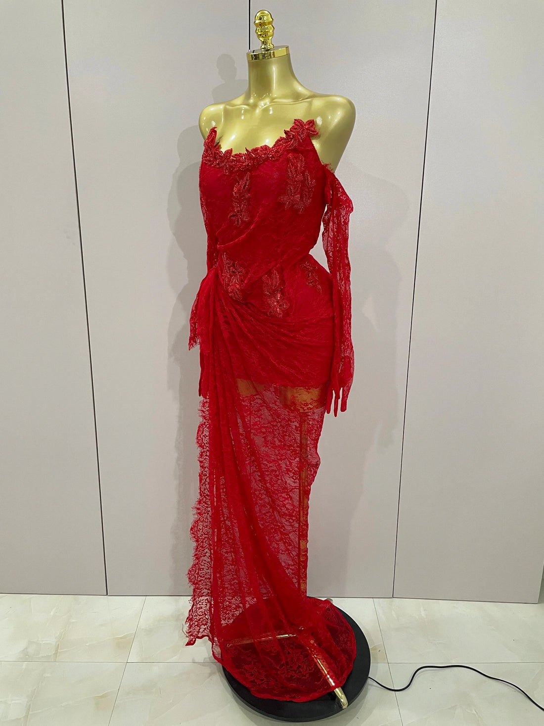 Women Sexy Strapless Backless Red Lace Split Maxi Long Bodycon Dress Celebrity Elegant Evening Club Birthday Party Outfit Red