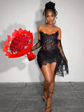 Birthday Party Dresses For Women Sexy Strapless Draped Design Lace Mini Dress With Gloves Long Sleeves