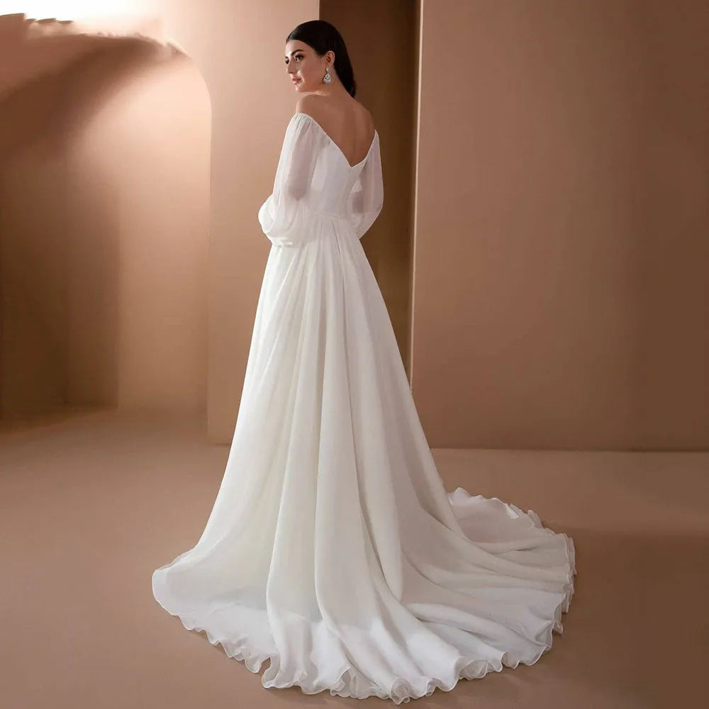 Einfache trägerlose Hochzeitskleider Puffärmel Backless Chiffon Brautkleider Robe de Mariee Court Train für elegante Frauen