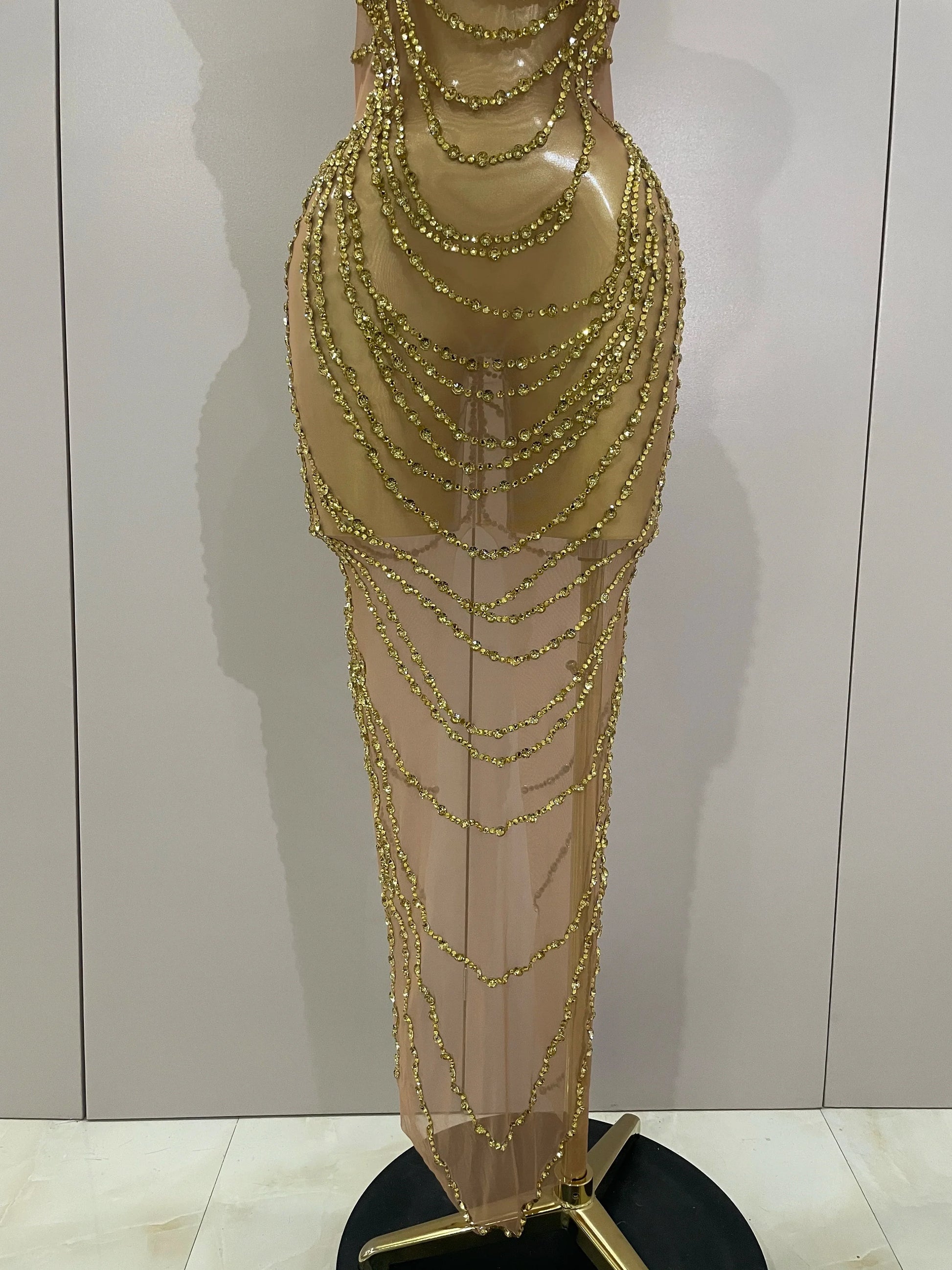Luxury Sparkly Gold Rhinestone Sexy Transparent Mesh Long Dress Women Birthday Party Gown Stage Singer Performance Costume