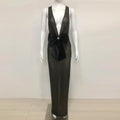Black Bows Shining Sequin Sexy V-Neck Sleeveless Mesh See Through Long Dress Fashion Woman Evening Dress Celebrity Party Outfit