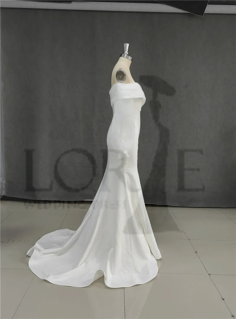 Suknie ślubne Matt Satynowe syreny z ramię w rękawie panny młodej sukienka Elegancka klasyczna prawdziwa sukienki ślubne