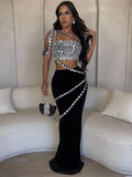 Designer Spliced Luxury Diamond Crop Top With Long Skirt Two-Piece Sets Party Evening Runway Set