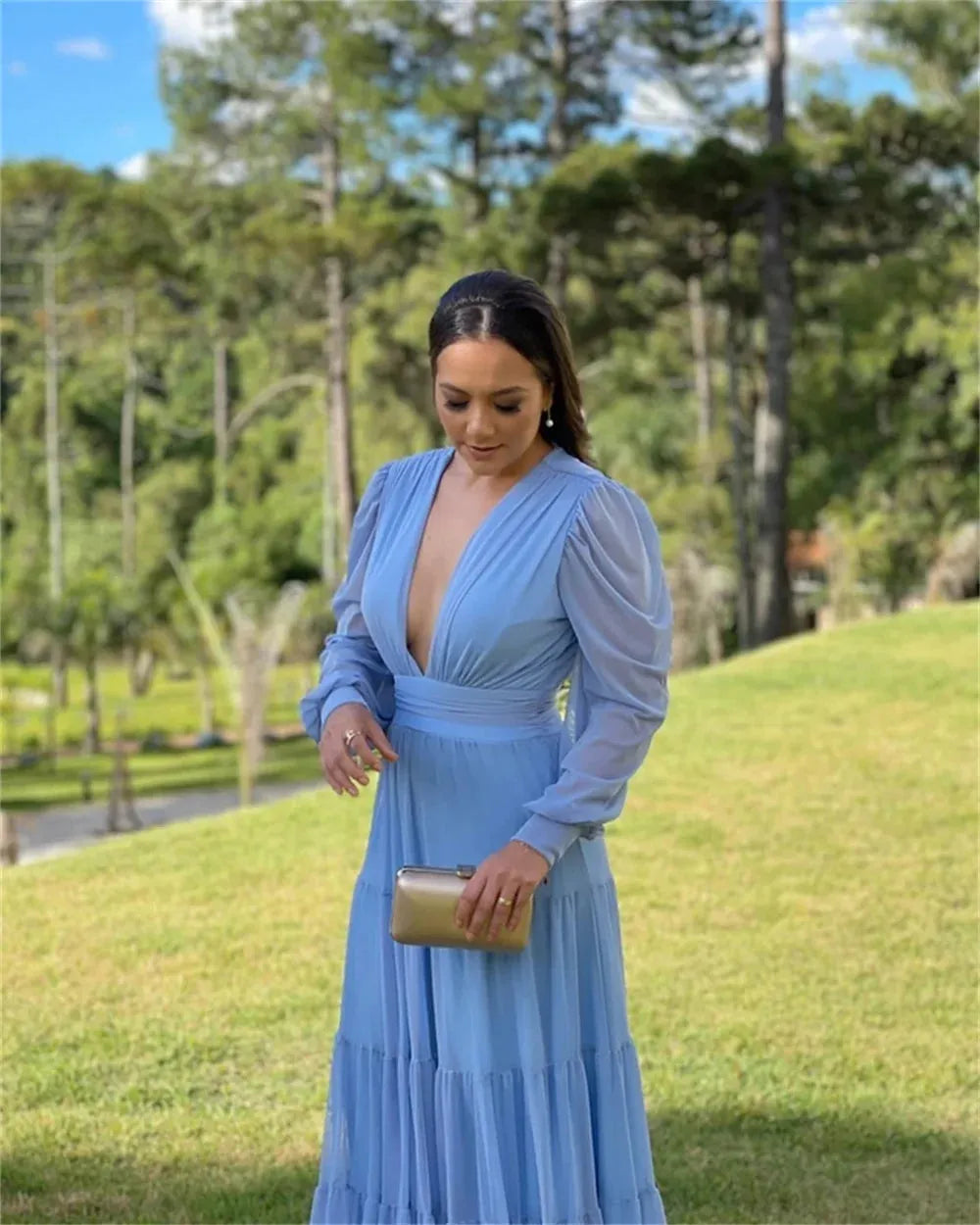 V-neck Vestidos De Fiesta Elegantes Para Mujer Long Sleeve A-line Prom Dresses Floor Lenght Vestidos De Noche Blue