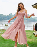 Pink Chiffon Bridesmaid Dresses Off the Shoulder Spaghetti-Strap A-Line Ruffles Side Split Wedding Party Dresses Customized
