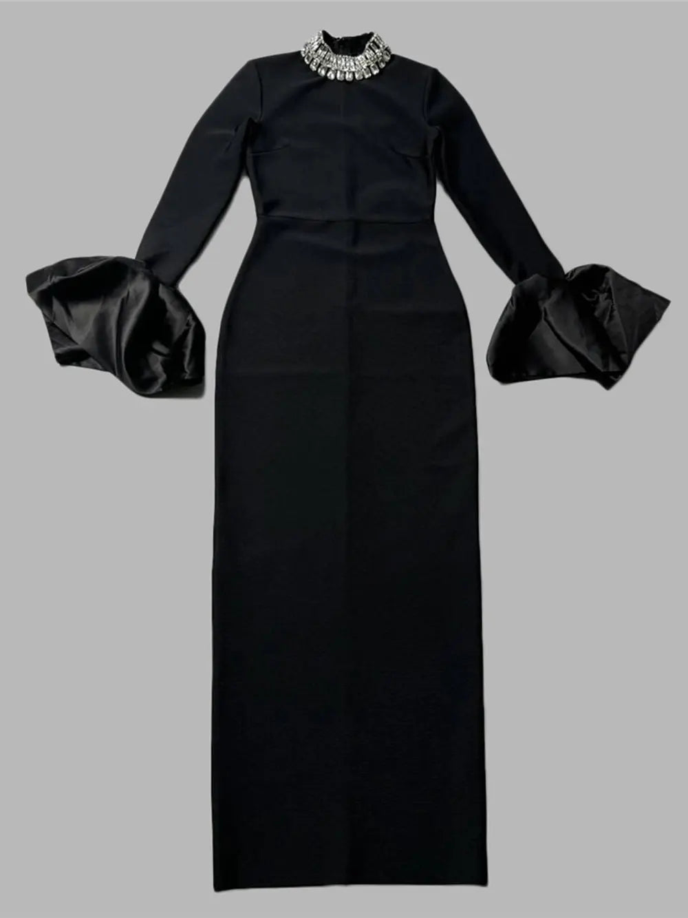 Women's Light Luxury Beaded Elegant Bandage Dress Stand Collar Horn Sleeve Bodycon Long Dresses Evening Club Party Vestidos black