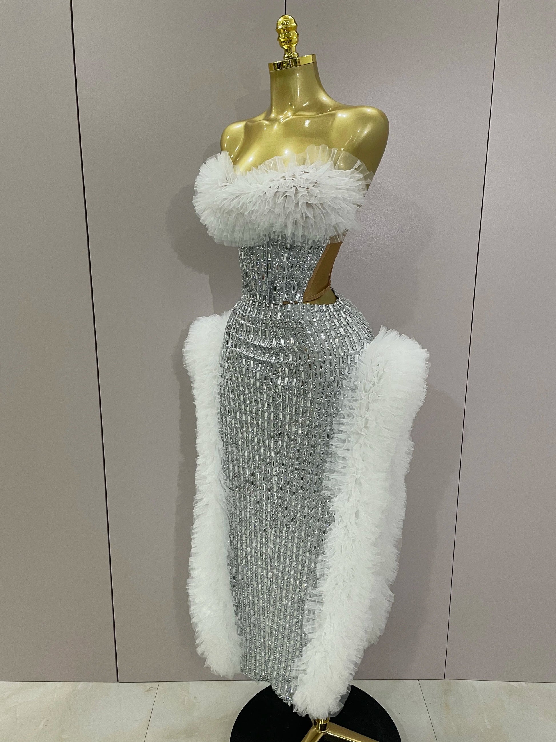 Sparkly Rhinestone Sexy Strapless Tops Skirt 2 PCS Set Women Celebrate Evening Prom Birthday Dress Nightclub Stage Outfit