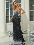Black Strapless Pearls Embellished Long Dress For Women Sleeveless Beaded Bodycon Party Cocktail Evening Gown