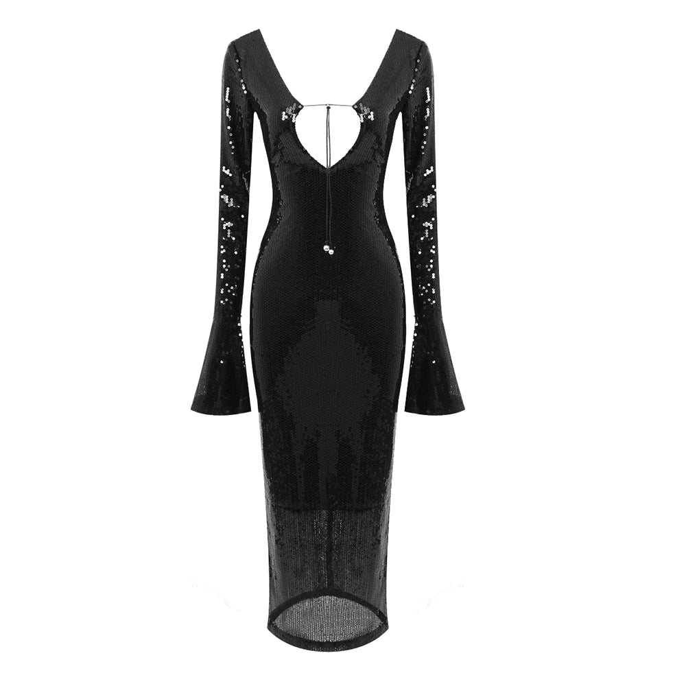 Dresses For Women Deep V Plunge Sexy Long Sleeves Ankle Length Sequins Bodycon Clothes Evening Dress Vestido Black