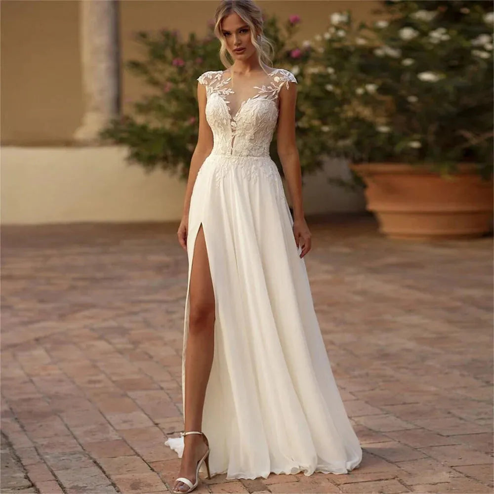 Elegant Boho Lace Wedding Dress Chiffon O-Neck Illusion Back Beach Side Split Applique Bridal Party Gown Vestidos De Novia 16